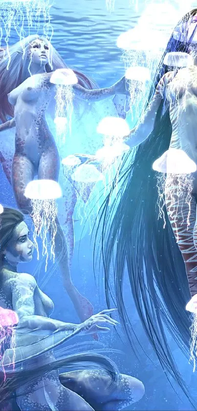 Mystical mermaids in an underwater fantasy realm, rich in blue hues.