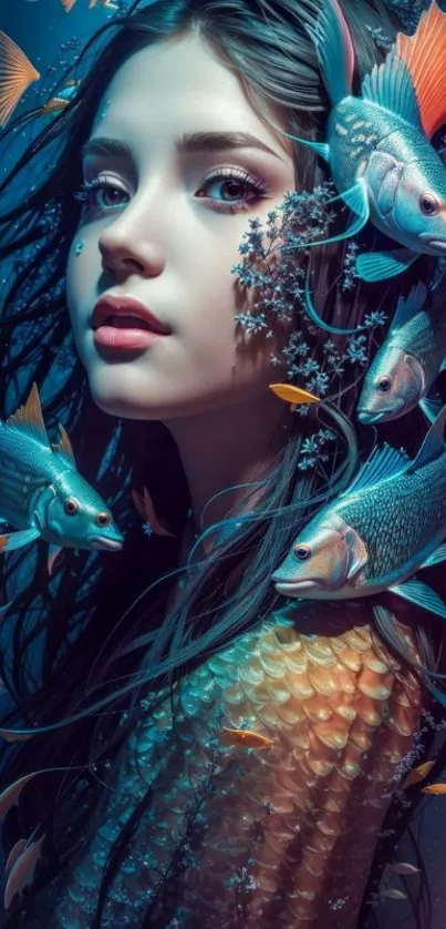 Mystical mermaid surrounded by colorful fish in a fantasy underwater setting.