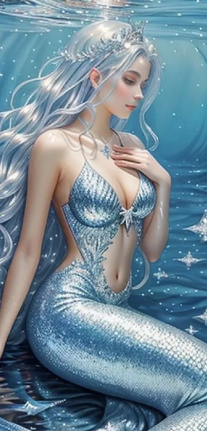 Ethereal mermaid in shimmering ocean art scene.