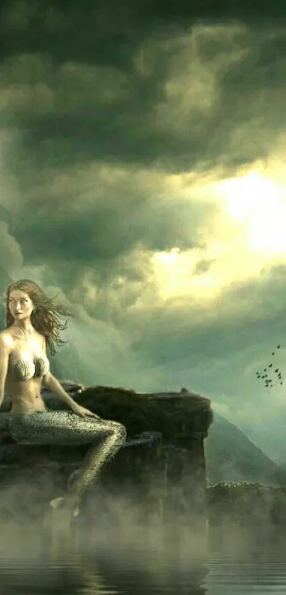 Mystical mermaid sitting by misty waters with a cloudy sky.