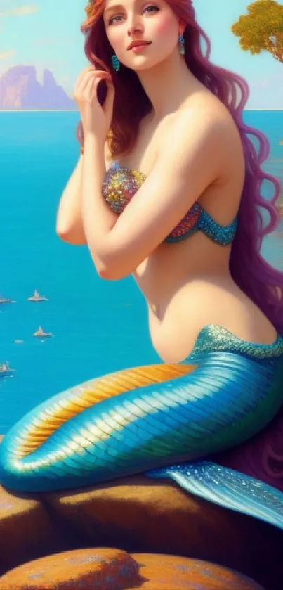 Beautiful mermaid sitting by the ocean on rocky shore.