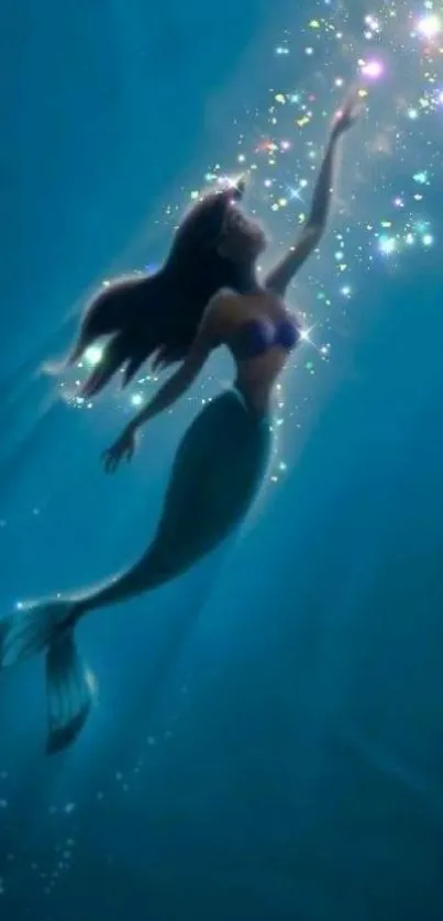 Mermaid swimming in a mystical ocean with shimmering lights.