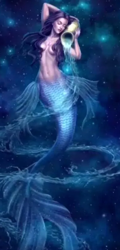 Mystical mermaid with blue tail and ethereal ocean background.