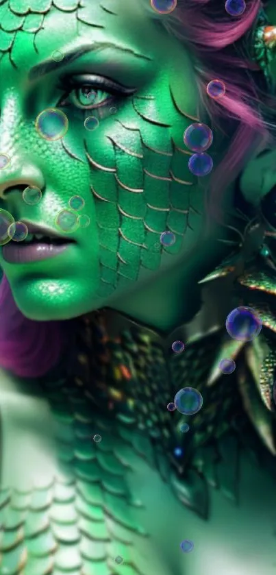 Fantasy mermaid with green scales and bubbles.