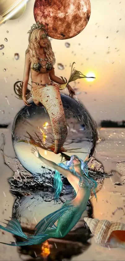 Fantasy mermaid scene with cosmic elements on a mobile wallpaper.