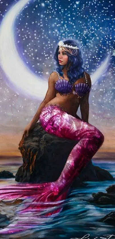 A mystical mermaid sits under a starry sky, featuring vibrant colors and fantasy elements.