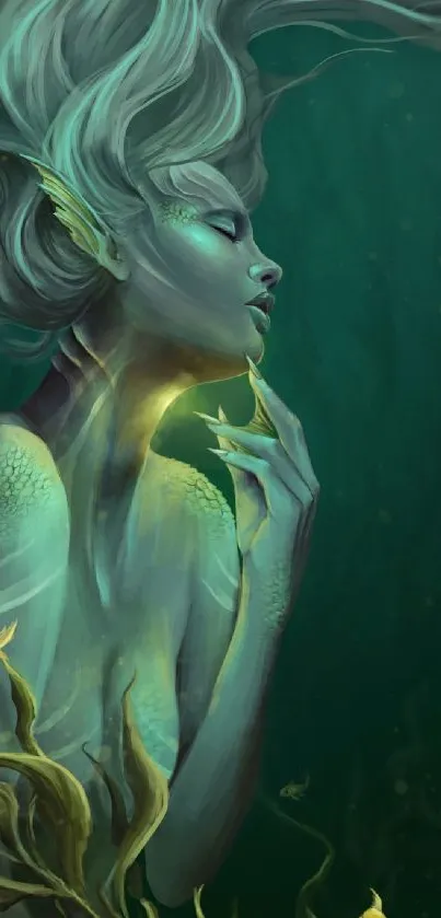 Mystical mermaid art with teal-green hues and fantasy elements.