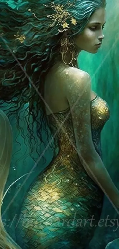 Mystical teal mermaid art with flowing hair and underwater ambiance.