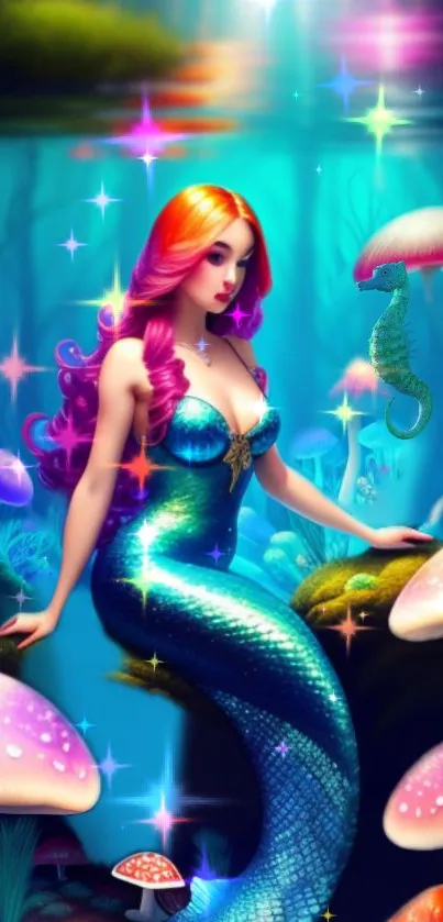 Mystical mermaid art with teal hues and glowing mushrooms.