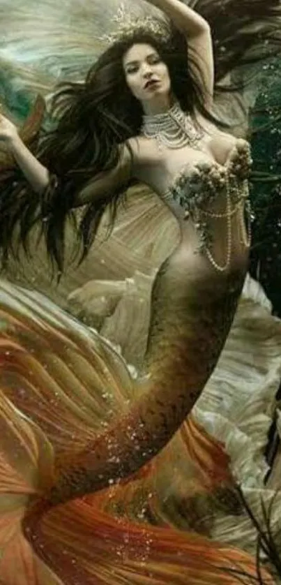 Mystical mermaid with flowing hair and fishtail in fantasy setting wallpaper.