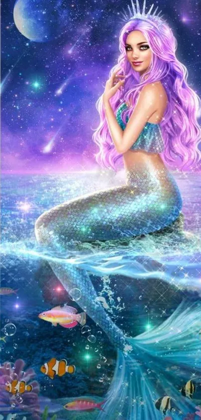 Fantasy mermaid with violet hair in cosmic sea wallpaper.