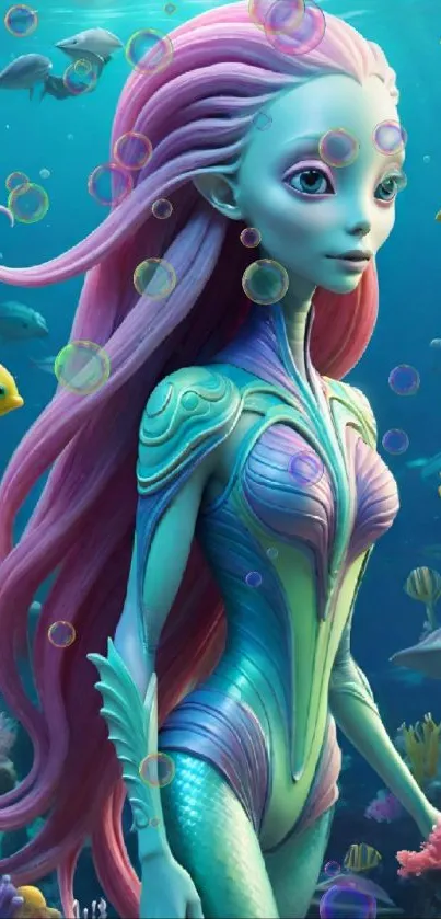 Fantasy mermaid with colorful fish in an underwater scene.