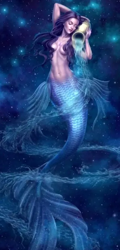 Mystical mermaid in a deep blue galaxy art scene.