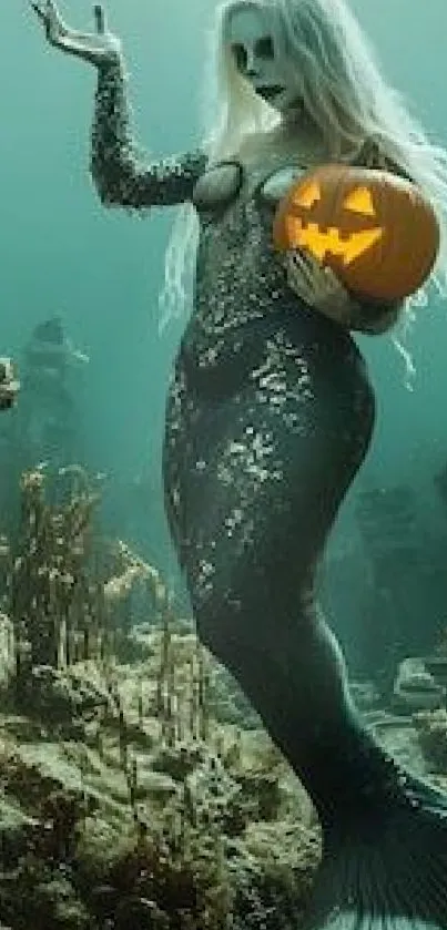 Mermaid with Halloween pumpkin underwater in a spooky scene.