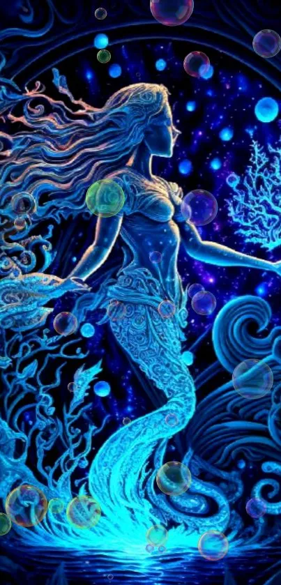 Mystical mermaid in blue waters with bubbles and underwater flora.