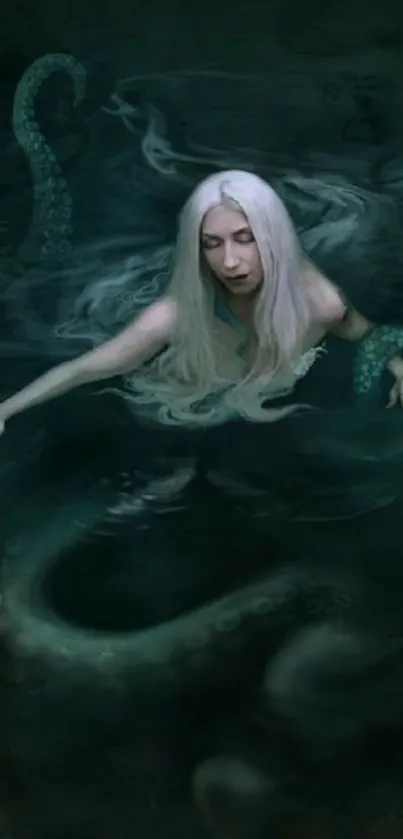 Mystical mermaid in dark, swirling waters with long white hair and enchanting atmosphere.