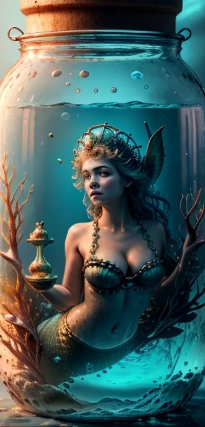 Mystical mermaid enclosed in a glowing glass jar, creating an enchanting scene.