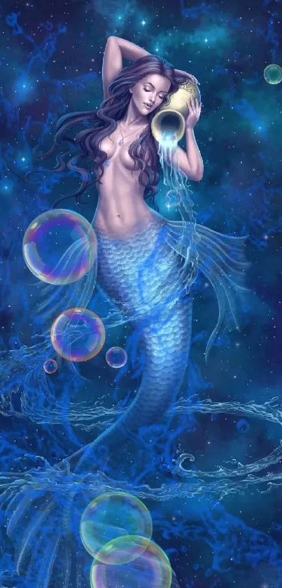 Mystical mermaid in vibrant ocean blue fantasy art.