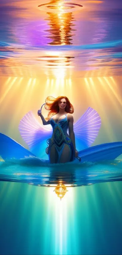 Mystical mermaid emerging in sunlit blue ocean waters, an enchanting fantasy scene.