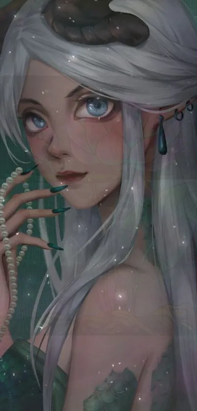 Mystical mermaid artwork with pearls and enchanting blue eyes.