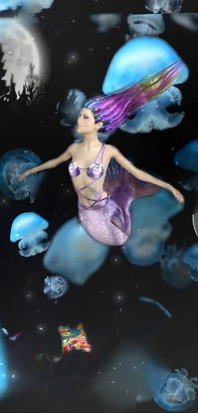 Whimsical mermaid swims amid glowing jellyfish and a magical moonlit forest.