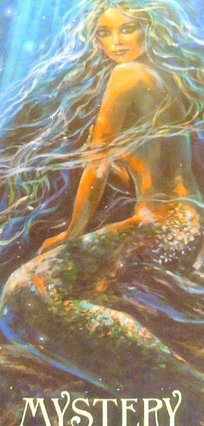 Mystical mermaid with flowing hair in underwater scene.