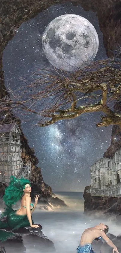 Surreal night scene with mermaids, a moonlit sky, and ancient architecture.