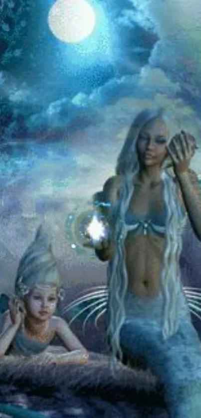 Mystical mermaids under a moonlit sky, featuring fantasy elements.