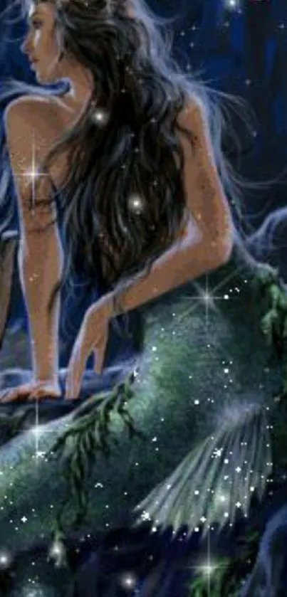 Enchanting mermaid in a mystical night setting with sparkling stars.