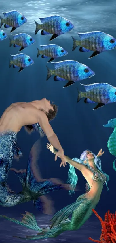 Enchanting underwater scene with mermaids and marine life in the deep blue ocean.