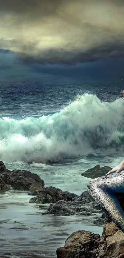 Mermaid on rocky shore with ocean waves.