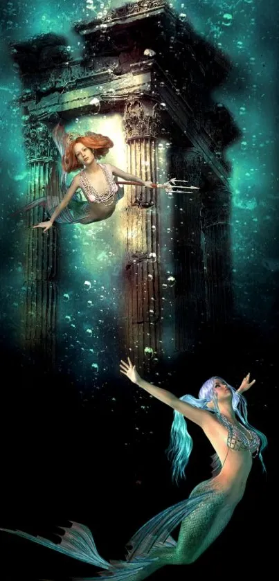 Enchanted underwater scene with mermaids and ancient ruins.