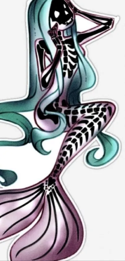 Mystical mermaid skeleton with flowing teal and pink hues on a mobile wallpaper.