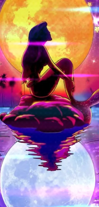 Silhouette of a mermaid under a crescent moon with vibrant purple skies.