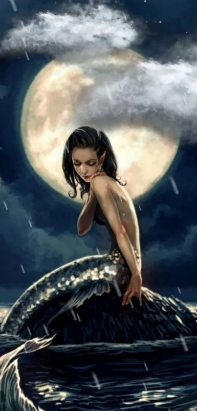 Mystical mermaid under a moonlit sky, surrounded by dark ocean waves.