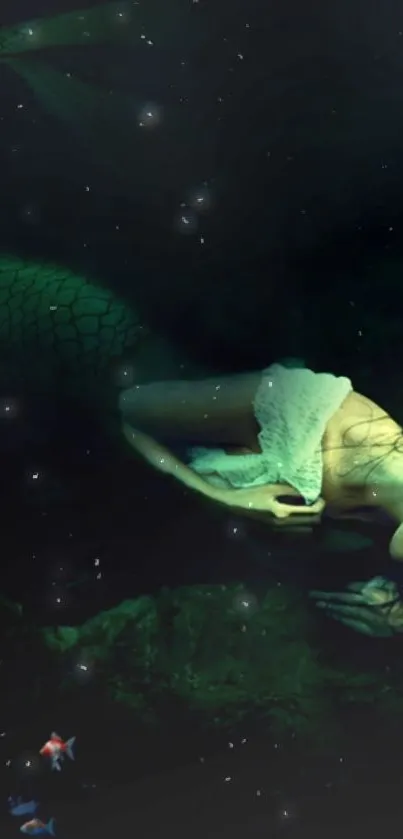 Mystical mermaid lying in dark underwater setting with sparkling stars.