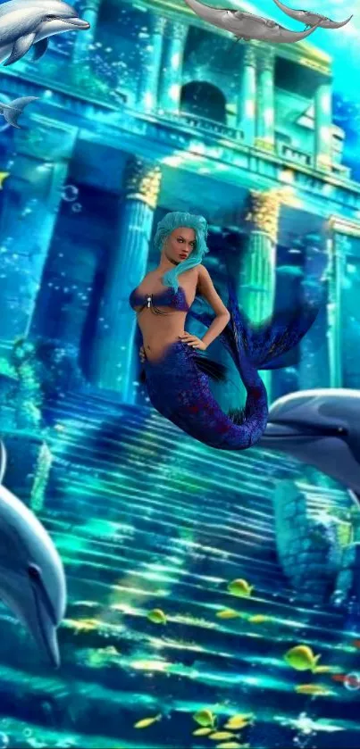 Mermaid with dolphins in underwater ruins scene.