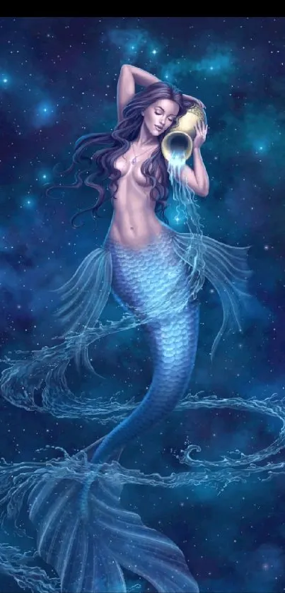 Beautiful mystical mermaid artwork in vibrant blue hues for mobile wallpaper.