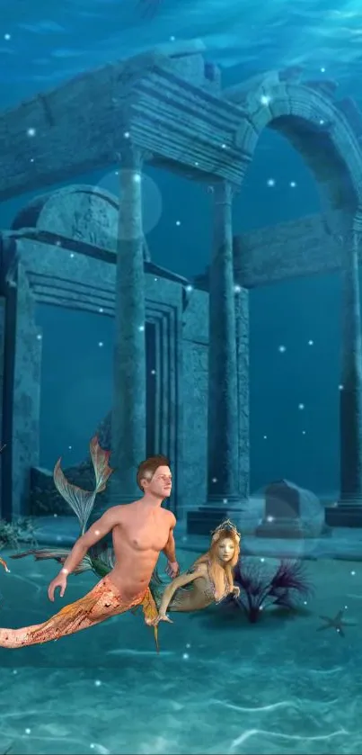 Mystical mermaids swim near ancient ruins in a serene underwater world.