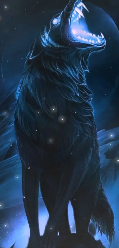 Mystical midnight wolf with blue glow in the night sky mobile wallpaper.