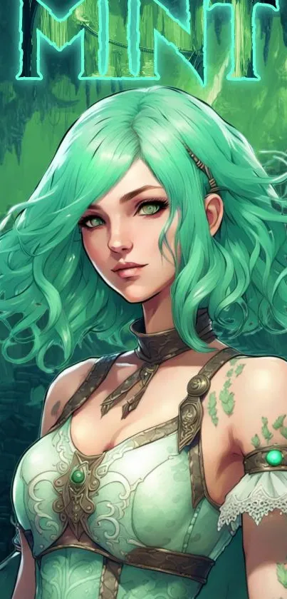 Mint green fantasy character art on mobile wallpaper.