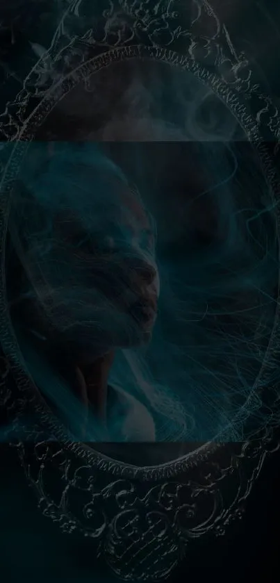 Mystical mirror with ethereal smoke in dark cyan hues.