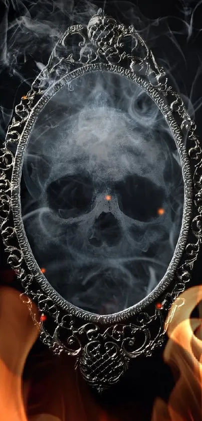 Eerie skull emerging from somber mirror with swirling smoke design.