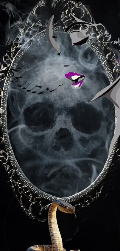 Mystical mirror with skull, snake, and vibrant lips.