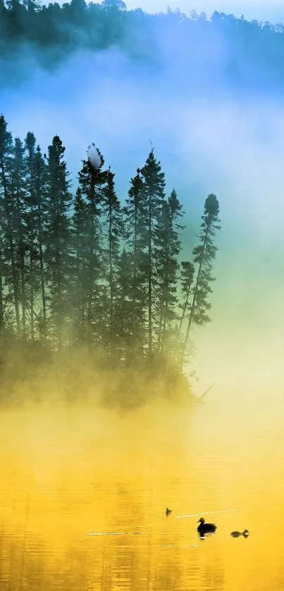 Misty forest with lake reflection, serene nature view.