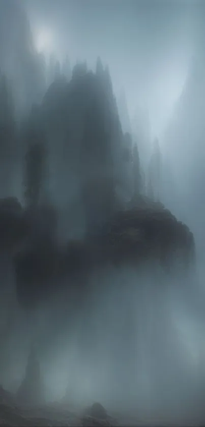 Misty mountain with fog creating a mystical atmosphere.