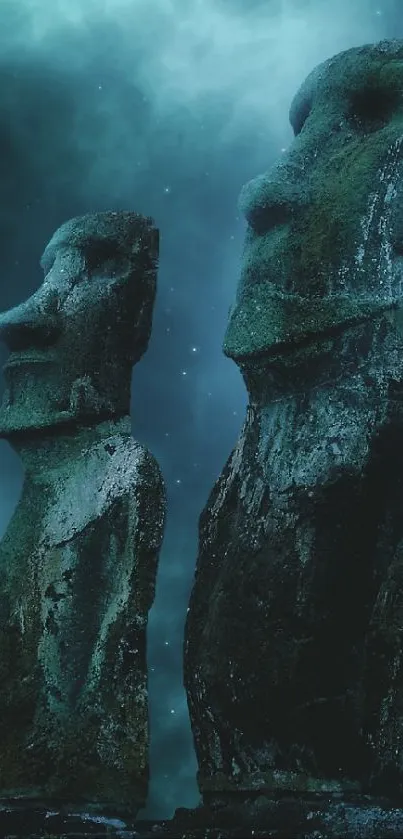 Moonlit Moai statues under starry sky on Easter Island.