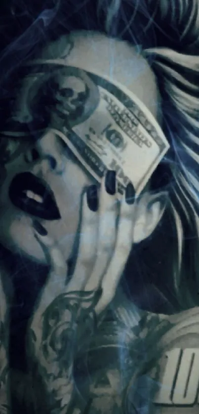 Stylish woman with money-themed artwork in dark blue tones.