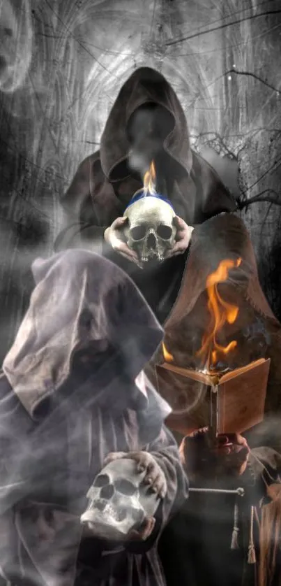 Mystical hooded monks holding skulls in an eerie dark fantasy setting.