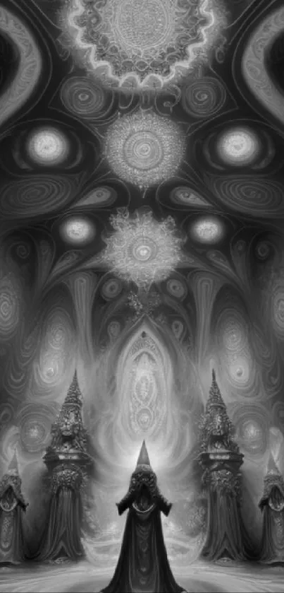 Mystical monochrome wallpaper with robed figures in a fantasy setting.